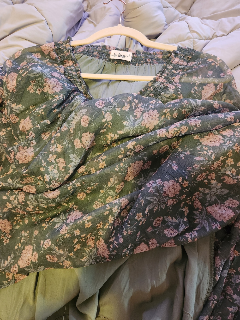 Floral Green Long Sleeve Maxi Dress - Feminine Ruffle Detail - Picture 4 of 4
